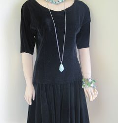 Velvet Vintage Dress, Charm Bracelets and Rope Necklace